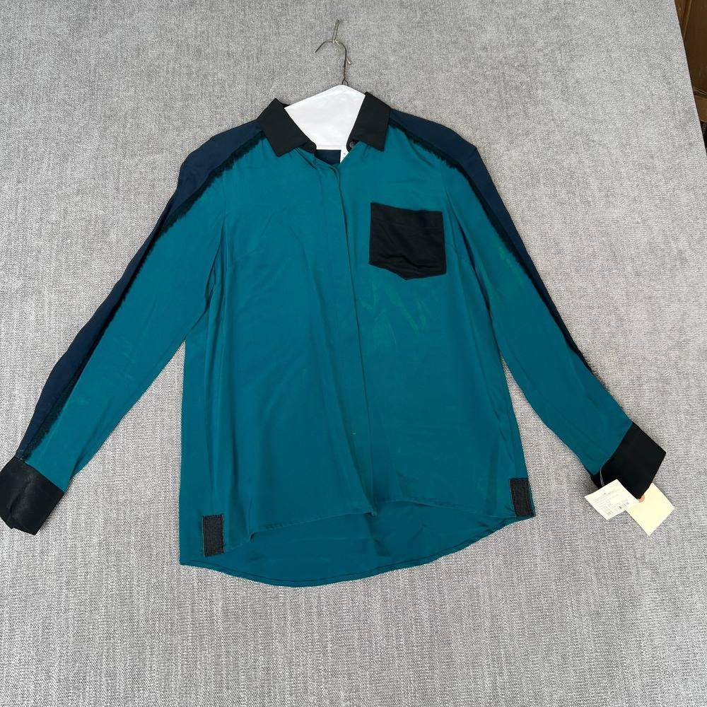 Jonathan Simkhai Blouse Top Womens S Teal Black Silk Long Sleeve High Low Hem